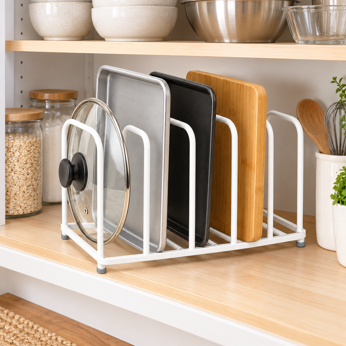 🍳 Kitchen Organizer | Metal Divider Rack | Cabinet & Counter Storage | Home Cooks & Families | Upright Space-Saving Design