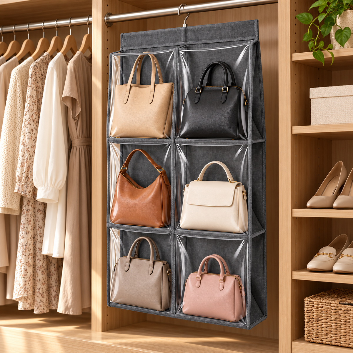 👜 Handbag Organizer | Clear Hanging Storage | Closet & Wardrobe Display | Bag Lovers & Fashionistas | Six-Pocket Space-Saving Design