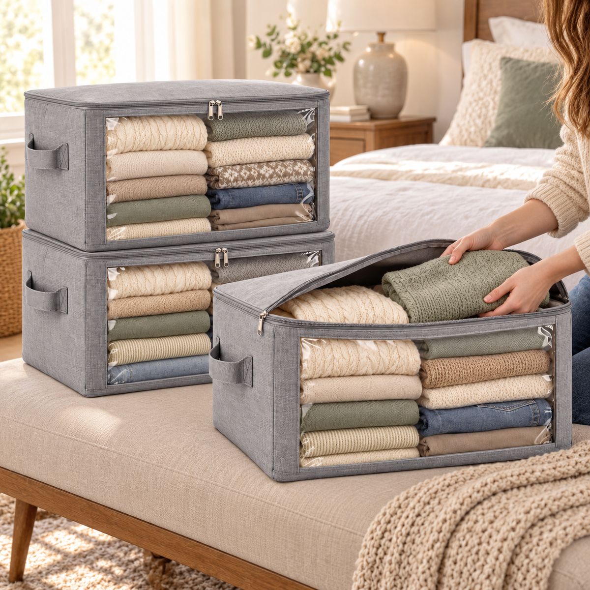 👕 Closet Organizer | Fabric Storage Bags | Bedroom & Wardrobe Storage | Families & Homeowners | Clear-Window Stackable Design
