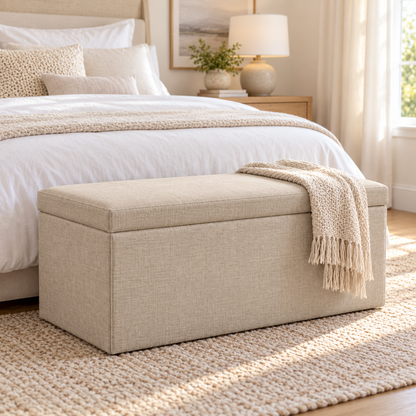 🪑 Storage Ottoman | Linen-Look Foldable Bench | Entryway & Bedroom Seating | Families & New Homeowners | Hidden Spacious Storage