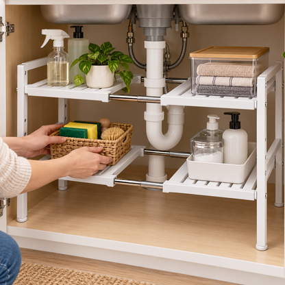 🧺 Space-Saving Organizer | Adjustable Storage Rack | Kitchen & Bathroom Use | Homeowners & Families