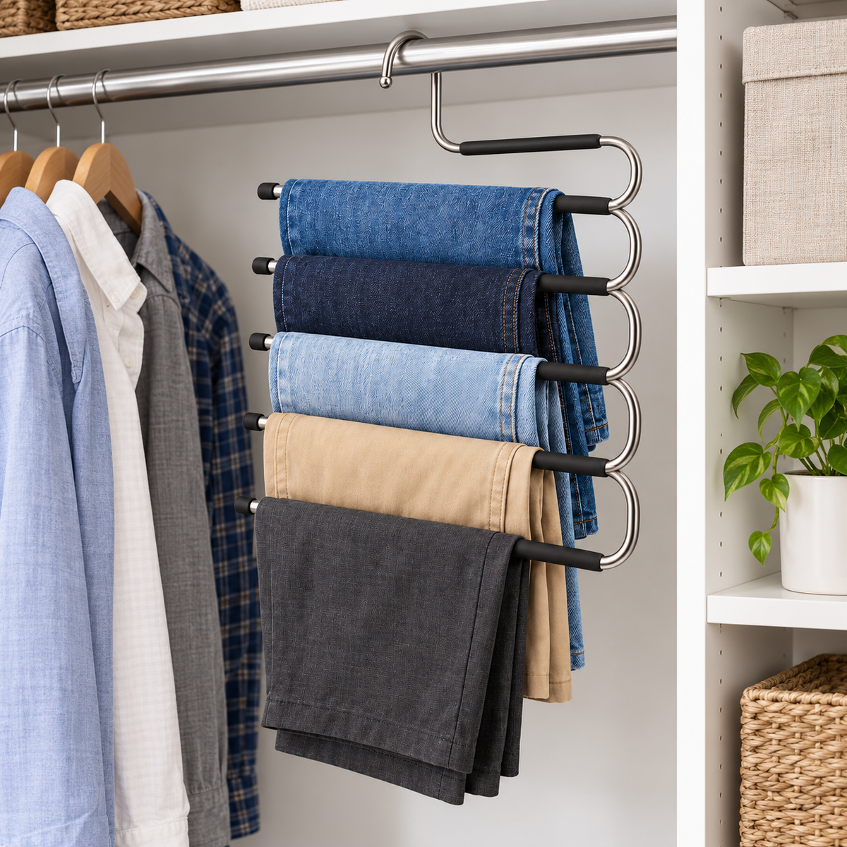 👖 Closet Essential | Multi-Tier Pants Hanger | Wardrobe & Bedroom Storage | Families & Fashion Lovers | Space-Saving S-Shaped Display