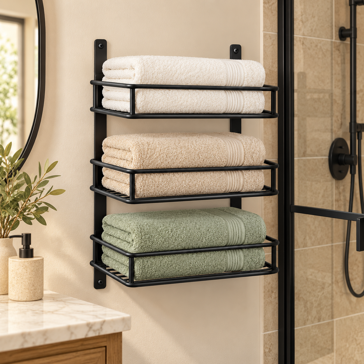 🛁 Towel Storage | Metal Wall-Mounted Rack | Bathroom & Linen Organization | Families & Homeowners | Three-Tier Hotel-Style Display