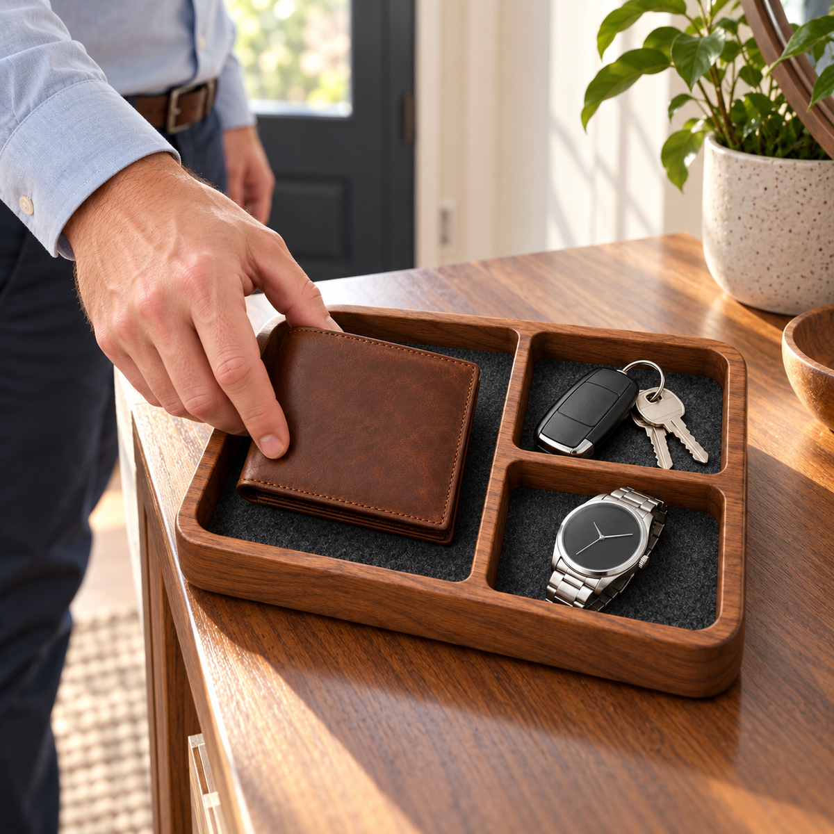 🗝️ Everyday Organizer | Wooden Valet Tray | Entryway & Nightstand Storage | Men & Homeowners | Divided Catchall Design