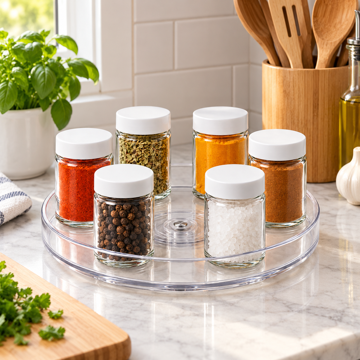 🌀 Pantry Essential | Clear Acrylic Kitchen Organizer | Effortless Rotating Access
