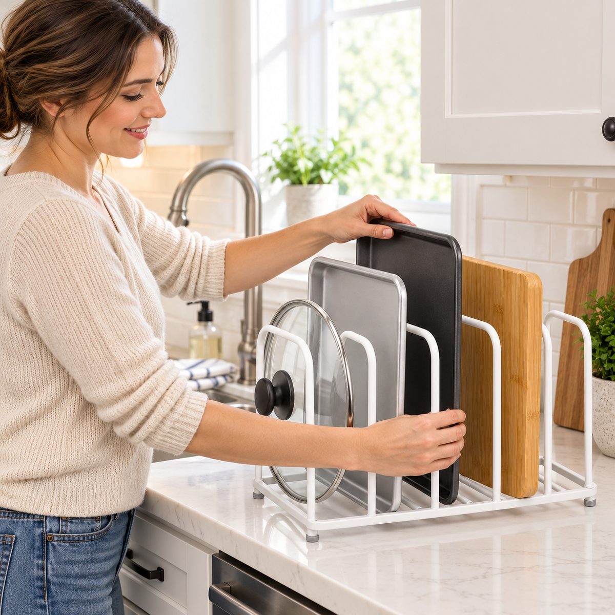 🍳 Kitchen Organizer | Metal Divider Rack | Cabinet & Counter Storage | Home Cooks & Families | Upright Space-Saving Design