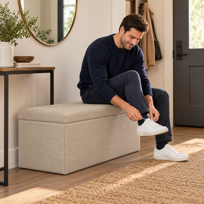 🪑 Storage Ottoman | Linen-Look Foldable Bench | Entryway & Bedroom Seating | Families & New Homeowners | Hidden Spacious Storage