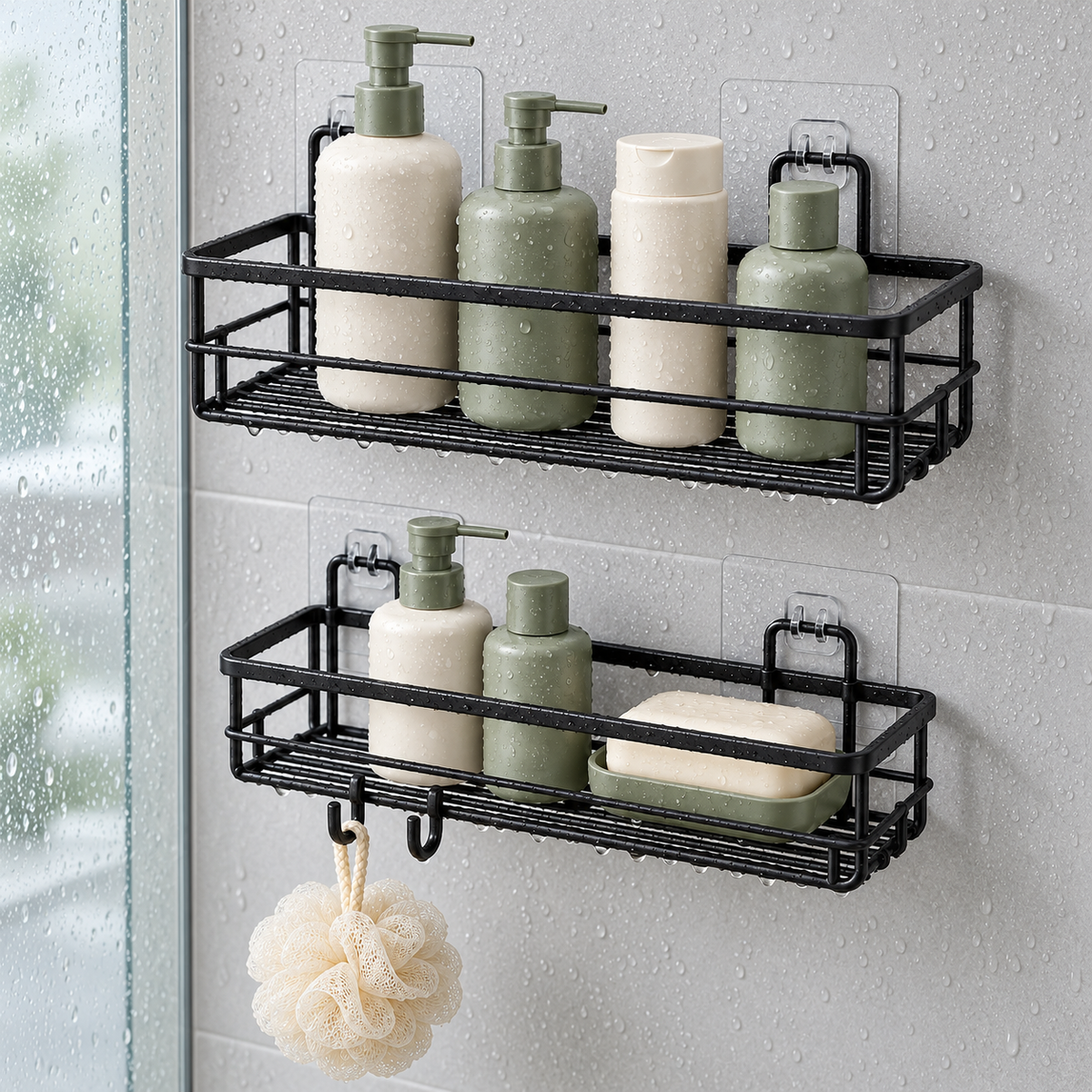 🚿 Shower Organizer | No-Drill Wall Caddy Set | Bathroom & Shower Storage | Families & Renters | Two-Tier Hanging Design