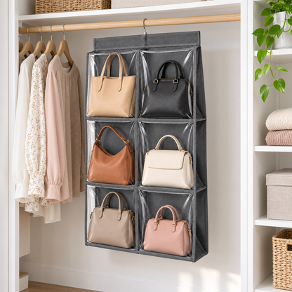 👜 Handbag Organizer | Clear Hanging Storage | Closet & Wardrobe Display | Bag Lovers & Fashionistas | Six-Pocket Space-Saving Design