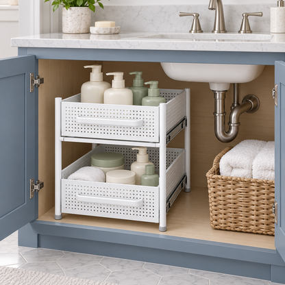 🛁 Bathroom Organizer | Pull-Out Storage Rack | Vanity & Under-Sink Use | Families & Beauty Lovers | Two-Tier Sliding Design
