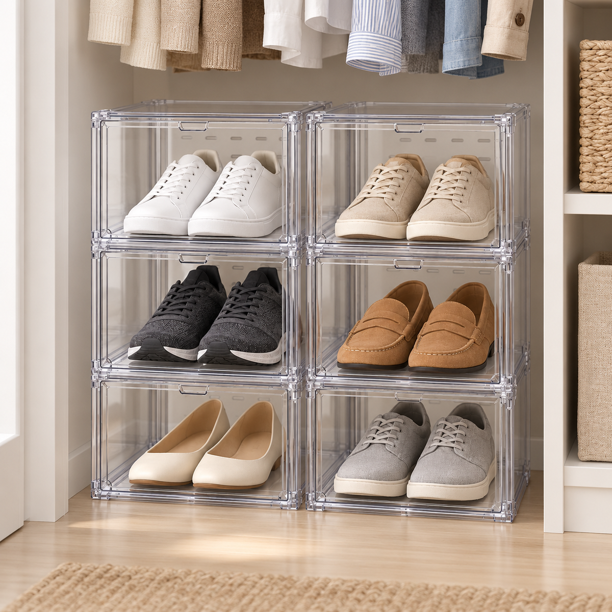 👟 Shoe Organizer | Clear Stackable Boxes | Closet & Entryway Storage | Sneaker Lovers & Families | Drop-Front Display Design