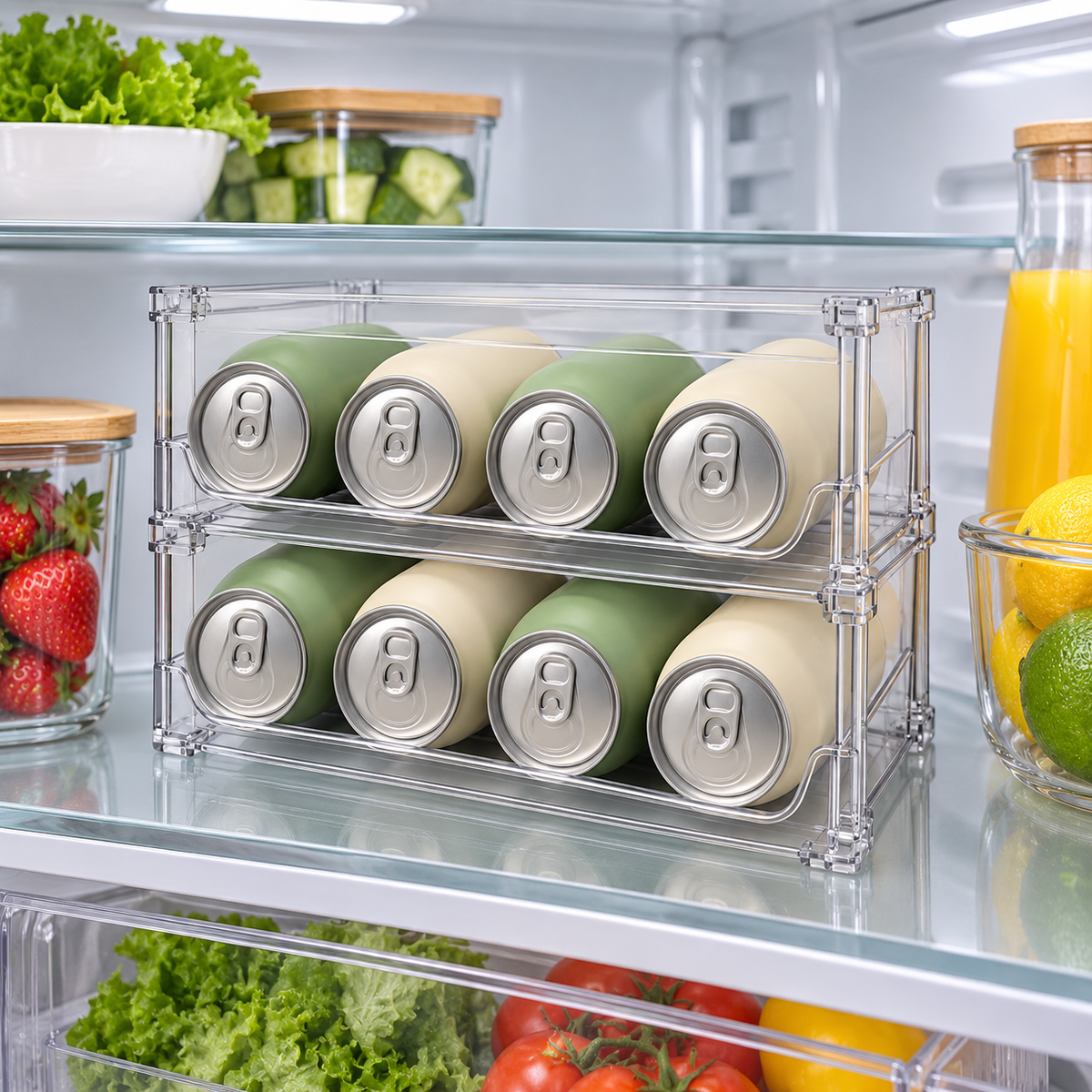 🥤 Fridge Organizer | Clear Stackable Can Rack | Refrigerator & Pantry Storage | Families & Drink Lovers | Two-Tier Easy-View Design