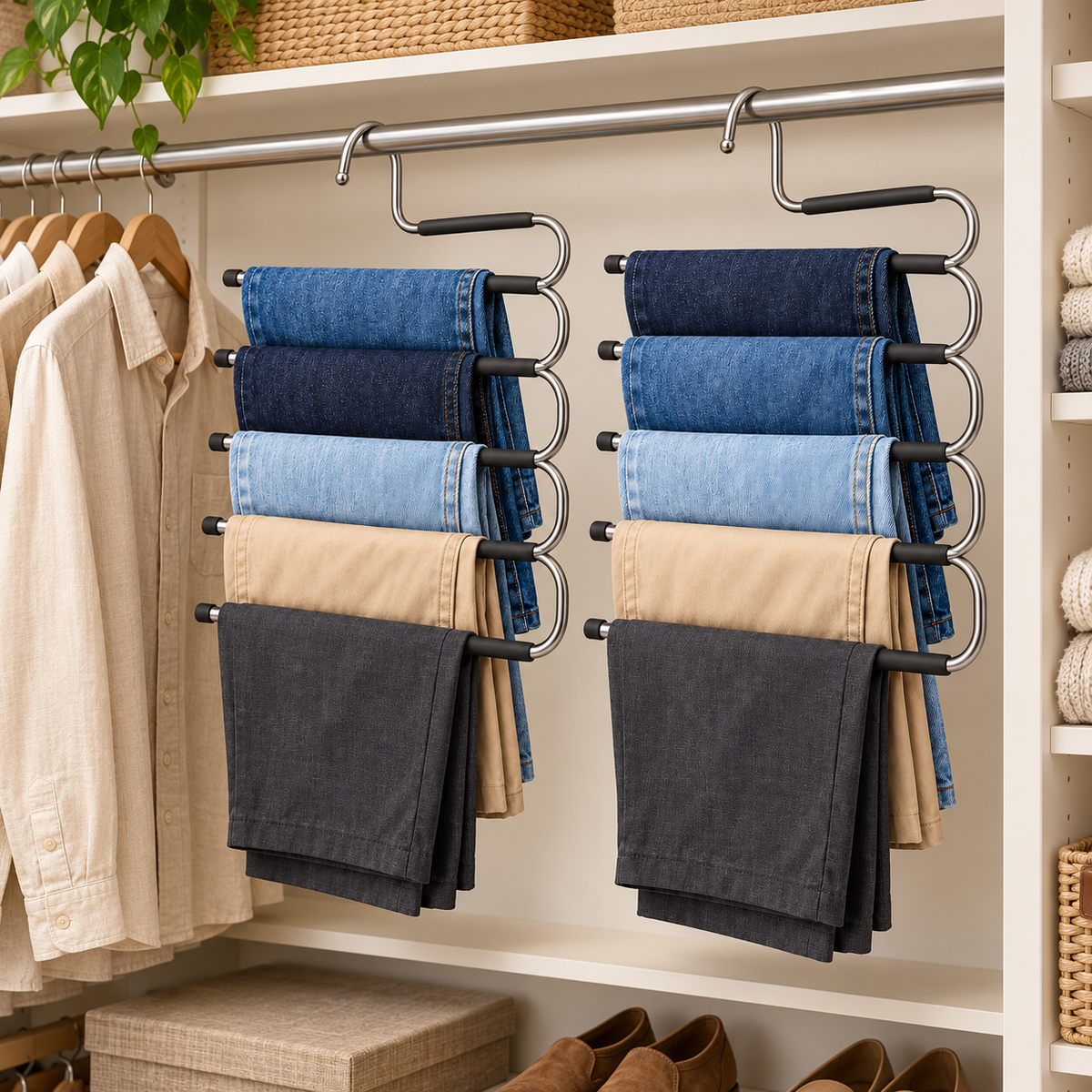 👖 Closet Essential | Multi-Tier Pants Hanger | Wardrobe & Bedroom Storage | Families & Fashion Lovers | Space-Saving S-Shaped Display