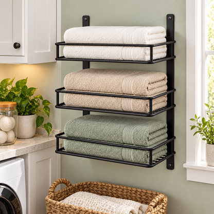 🛁 Towel Storage | Metal Wall-Mounted Rack | Bathroom & Linen Organization | Families & Homeowners | Three-Tier Hotel-Style Display