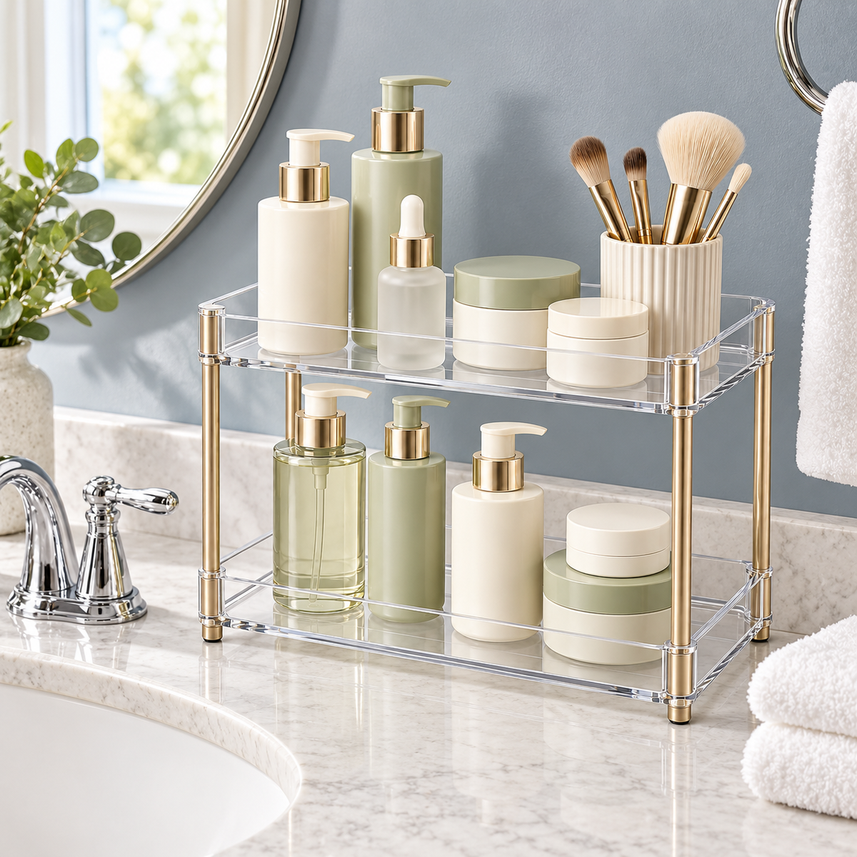 ✨ Vanity Organizer | Clear Two-Tier Storage Rack | Bathroom & Dressing Table | Beauty Lovers & Homeowners | Elegant Open Display