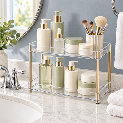 ✨ Vanity Organizer | Clear Two-Tier Storage Rack | Bathroom & Dressing Table | Beauty Lovers & Homeowners | Elegant Open Display