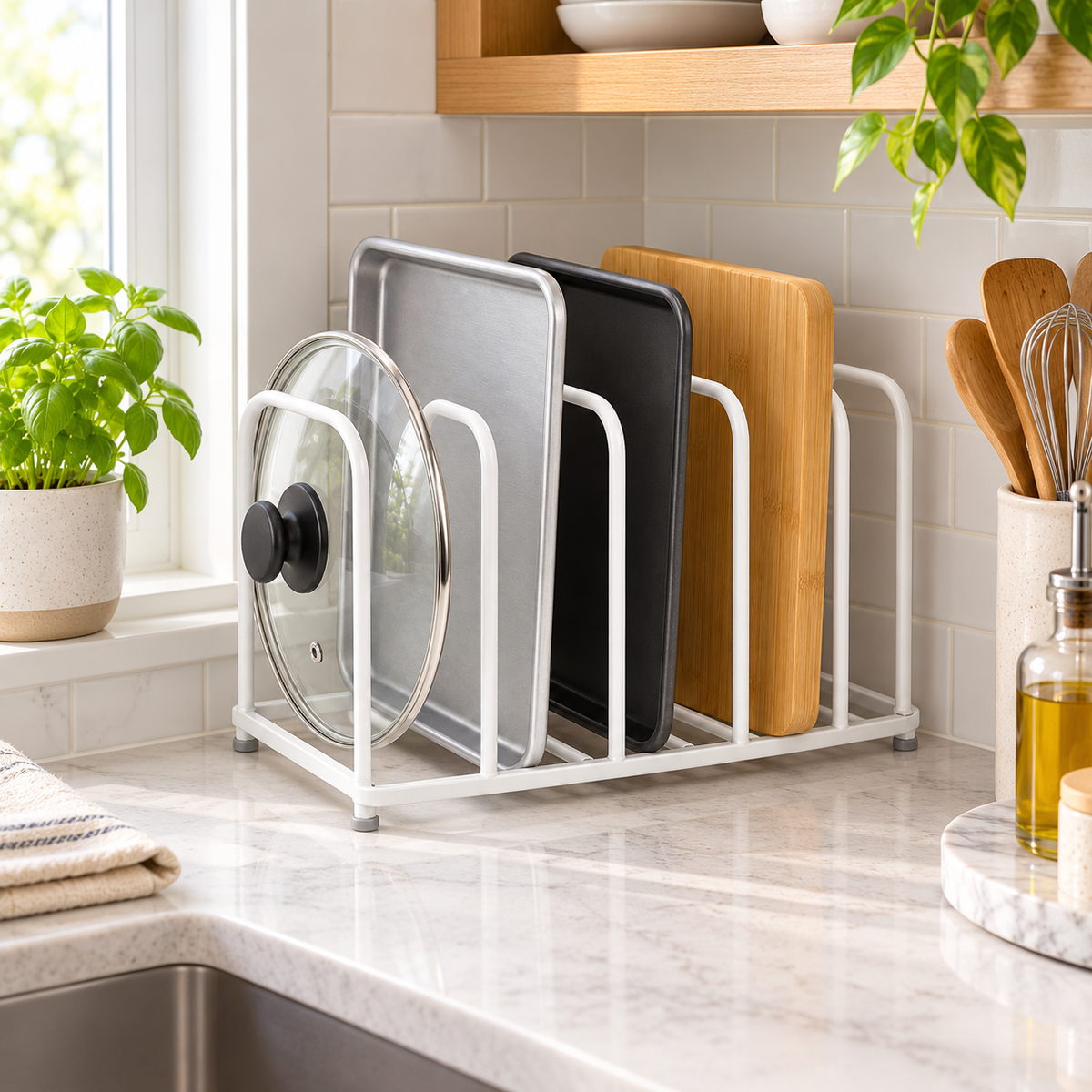 🍳 Kitchen Organizer | Metal Divider Rack | Cabinet & Counter Storage | Home Cooks & Families | Upright Space-Saving Design