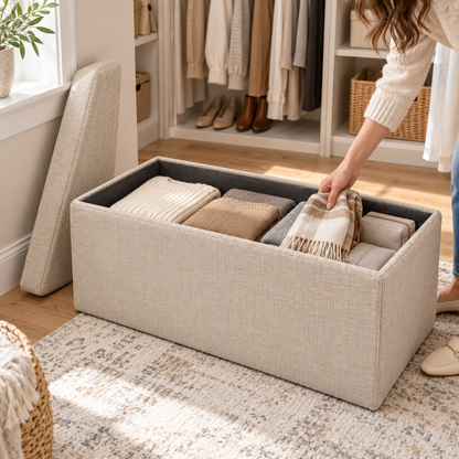 🪑 Storage Ottoman | Linen-Look Foldable Bench | Entryway & Bedroom Seating | Families & New Homeowners | Hidden Spacious Storage