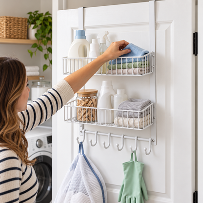 🚪 Door Organizer | Metal Storage Rack | Bathroom & Pantry Storage | Families & Renters | Two-Tier Basket & Hook Design