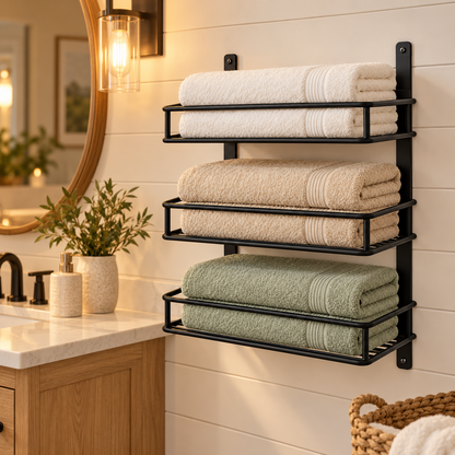 🛁 Towel Storage | Metal Wall-Mounted Rack | Bathroom & Linen Organization | Families & Homeowners | Three-Tier Hotel-Style Display