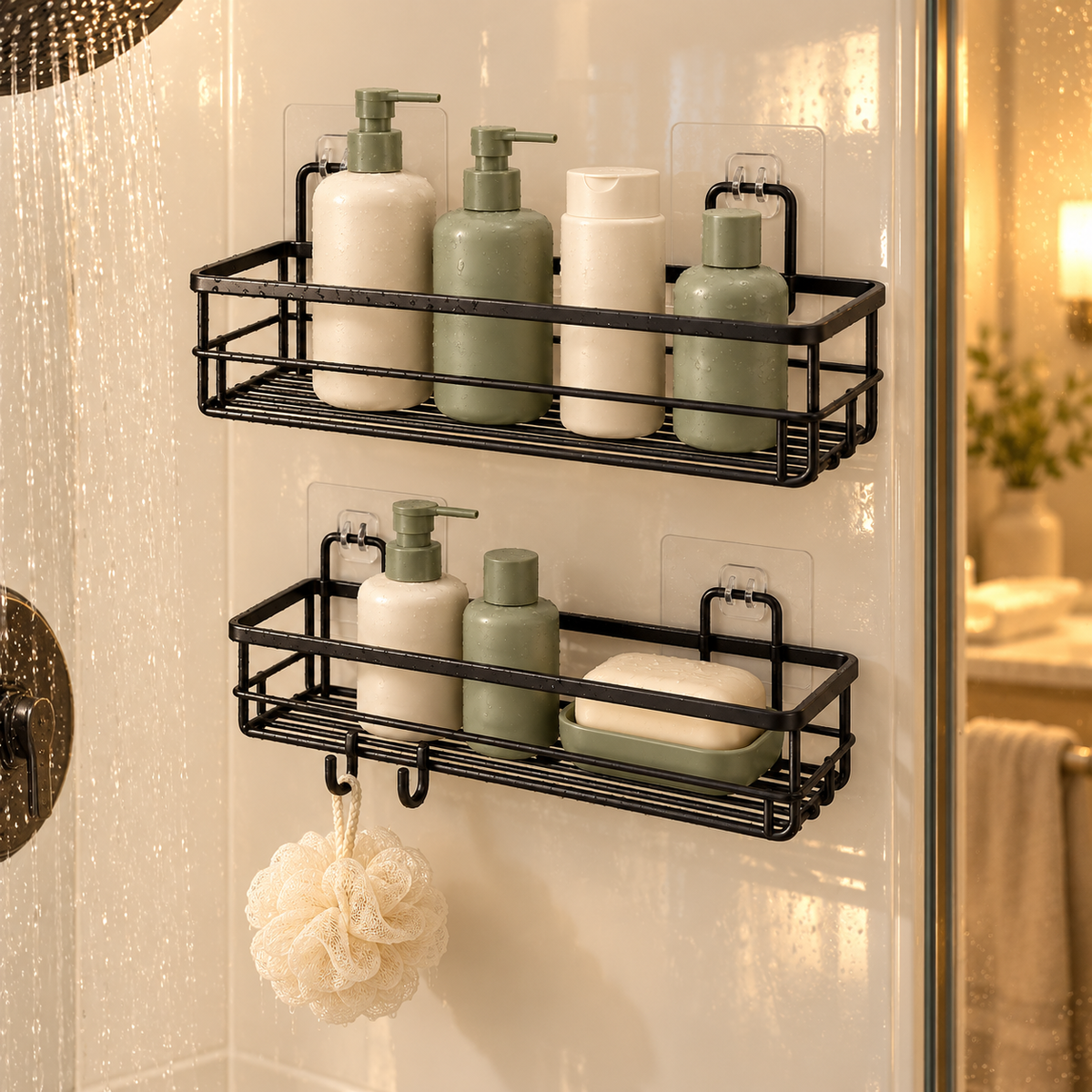 🚿 Shower Organizer | No-Drill Wall Caddy Set | Bathroom & Shower Storage | Families & Renters | Two-Tier Hanging Design