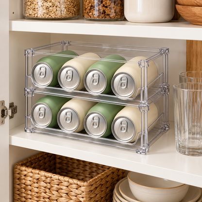 🥤 Fridge Organizer | Clear Stackable Can Rack | Refrigerator & Pantry Storage | Families & Drink Lovers | Two-Tier Easy-View Design