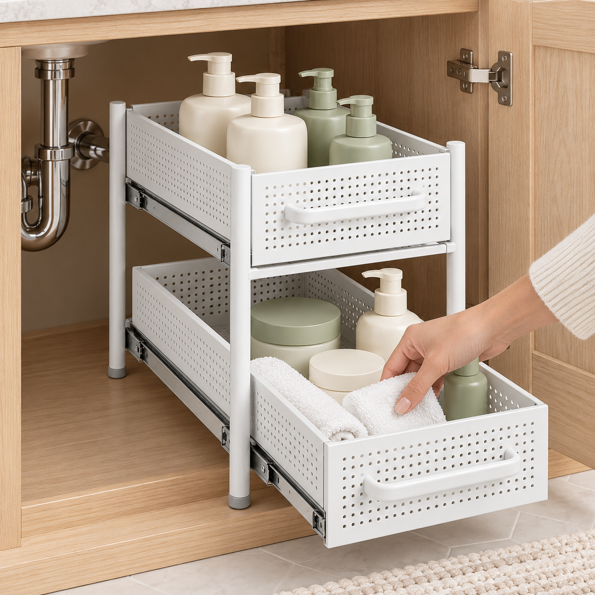🛁 Bathroom Organizer | Pull-Out Storage Rack | Vanity & Under-Sink Use | Families & Beauty Lovers | Two-Tier Sliding Design