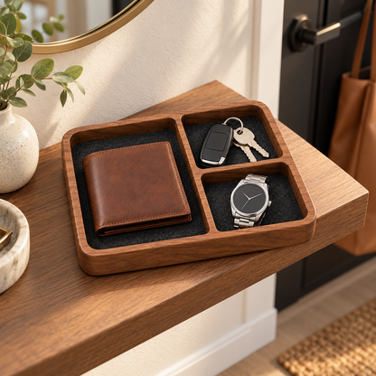 🗝️ Everyday Organizer | Wooden Valet Tray | Entryway & Nightstand Storage | Men & Homeowners | Divided Catchall Design