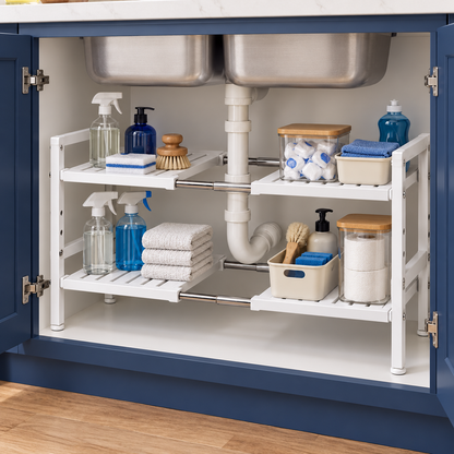 🧺 Space-Saving Organizer | Adjustable Storage Rack | Kitchen & Bathroom Use | Homeowners & Families
