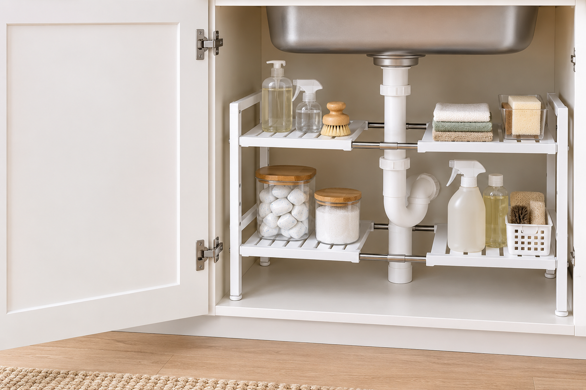 🧺 Space-Saving Organizer | Adjustable Storage Rack | Kitchen & Bathroom Use | Homeowners & Families