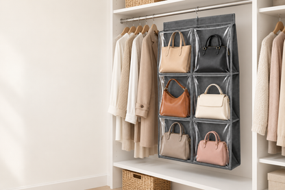 👜 Handbag Organizer | Clear Hanging Storage | Closet & Wardrobe Display | Bag Lovers & Fashionistas | Six-Pocket Space-Saving Design