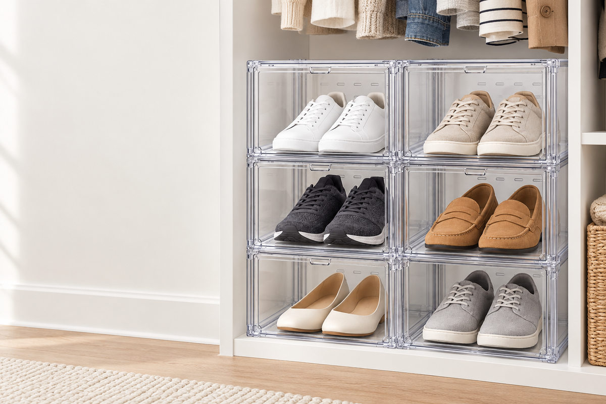 👟 Shoe Organizer | Clear Stackable Boxes | Closet & Entryway Storage | Sneaker Lovers & Families | Drop-Front Display Design