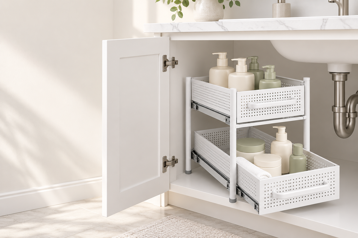🛁 Bathroom Organizer | Pull-Out Storage Rack | Vanity & Under-Sink Use | Families & Beauty Lovers | Two-Tier Sliding Design