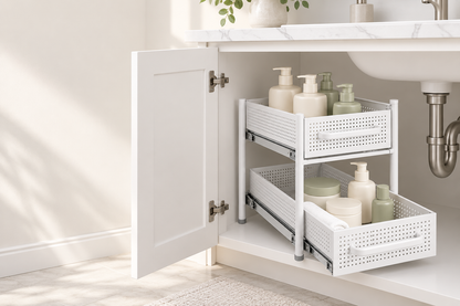 🛁 Bathroom Organizer | Pull-Out Storage Rack | Vanity & Under-Sink Use | Families & Beauty Lovers | Two-Tier Sliding Design