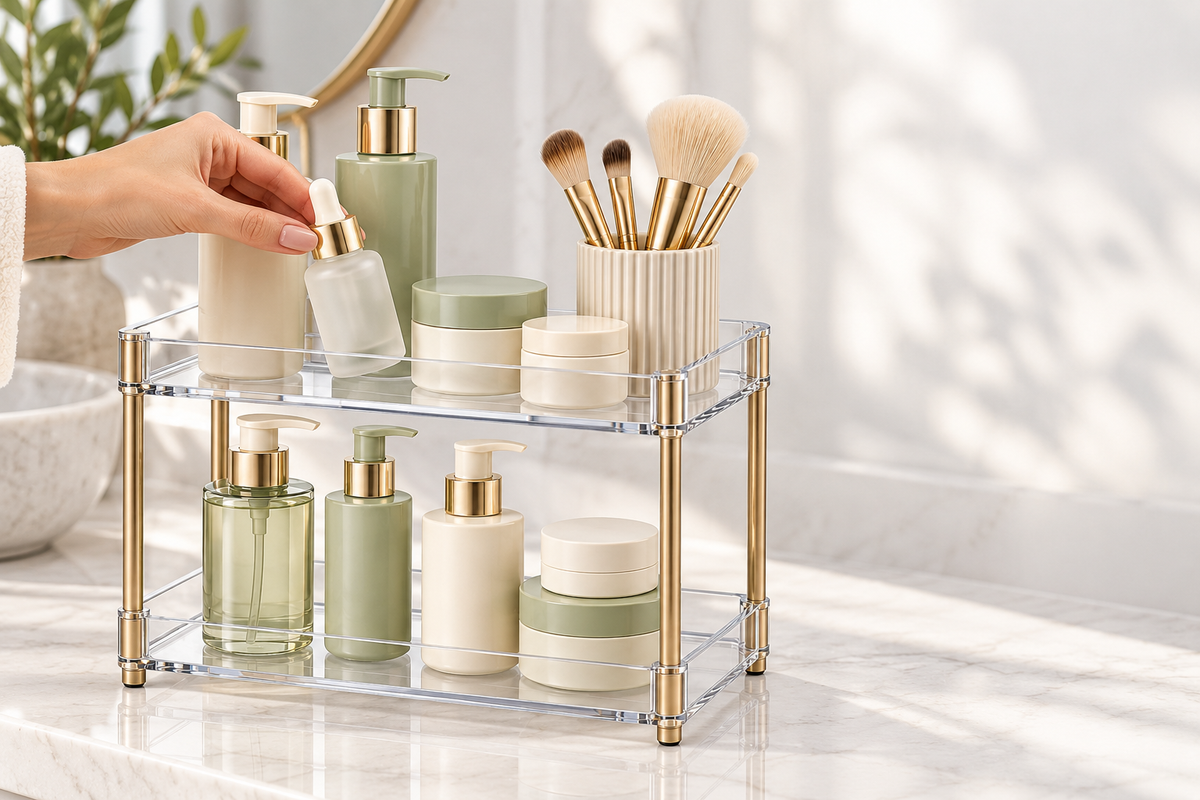 ✨ Vanity Organizer | Clear Two-Tier Storage Rack | Bathroom & Dressing Table | Beauty Lovers & Homeowners | Elegant Open Display