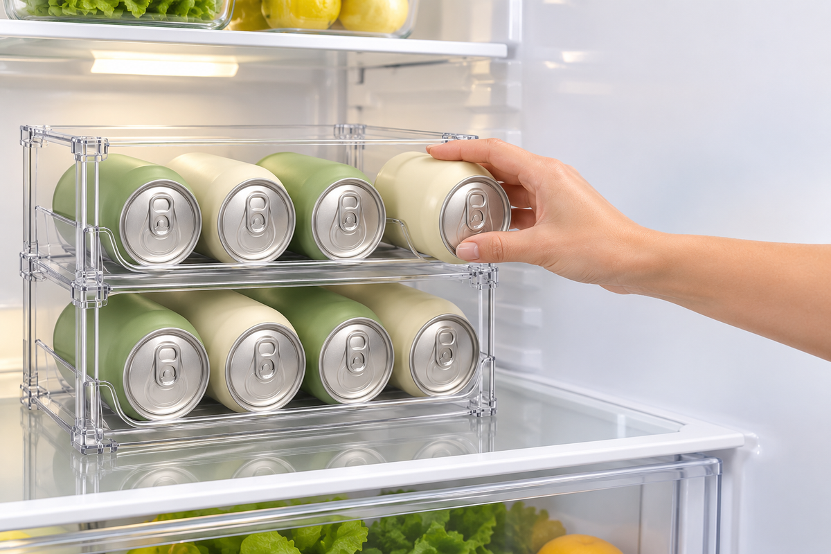 🥤 Fridge Organizer | Clear Stackable Can Rack | Refrigerator & Pantry Storage | Families & Drink Lovers | Two-Tier Easy-View Design