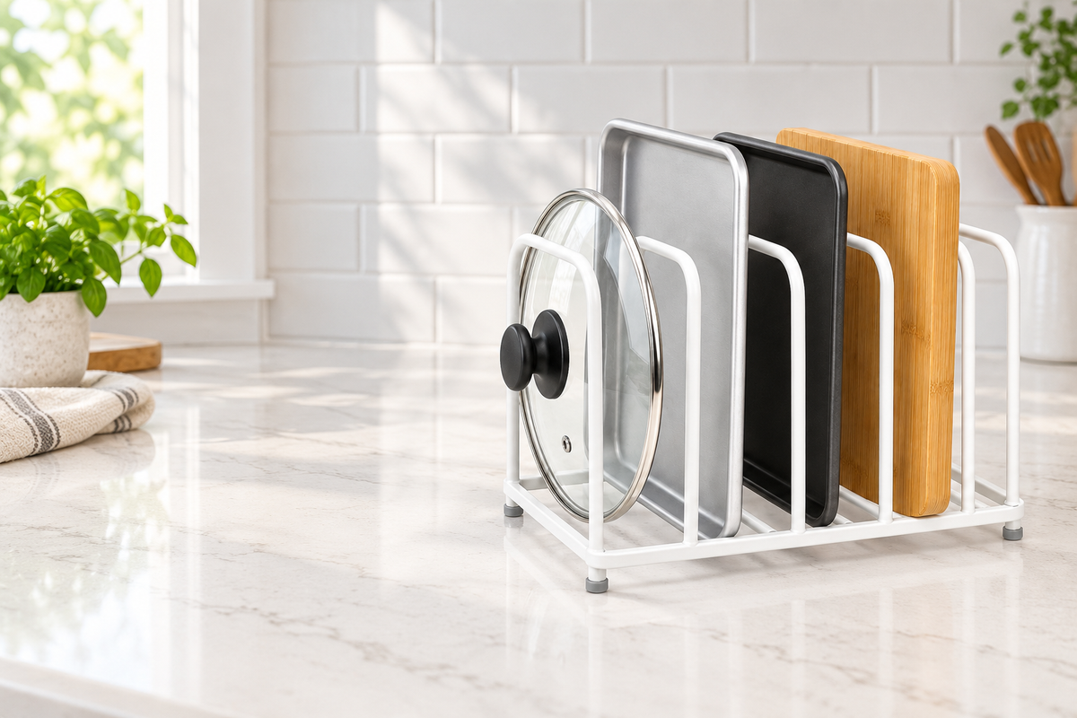 🍳 Kitchen Organizer | Metal Divider Rack | Cabinet & Counter Storage | Home Cooks & Families | Upright Space-Saving Design