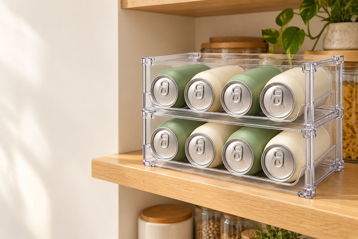 🥤 Fridge Organizer | Clear Stackable Can Rack | Refrigerator & Pantry Storage | Families & Drink Lovers | Two-Tier Easy-View Design
