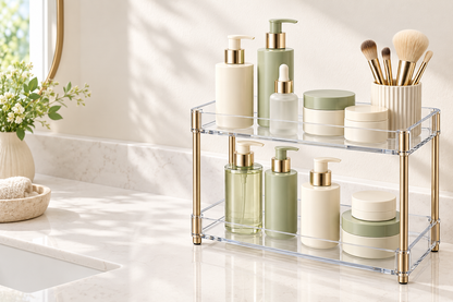 ✨ Vanity Organizer | Clear Two-Tier Storage Rack | Bathroom & Dressing Table | Beauty Lovers & Homeowners | Elegant Open Display