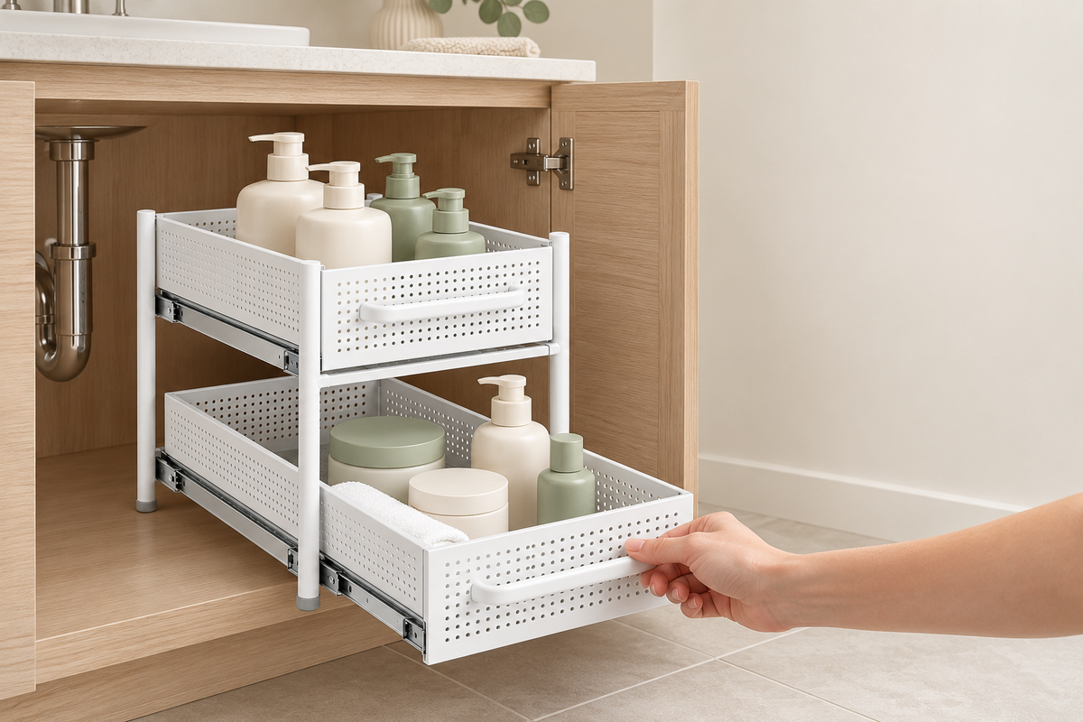 🛁 Bathroom Organizer | Pull-Out Storage Rack | Vanity & Under-Sink Use | Families & Beauty Lovers | Two-Tier Sliding Design