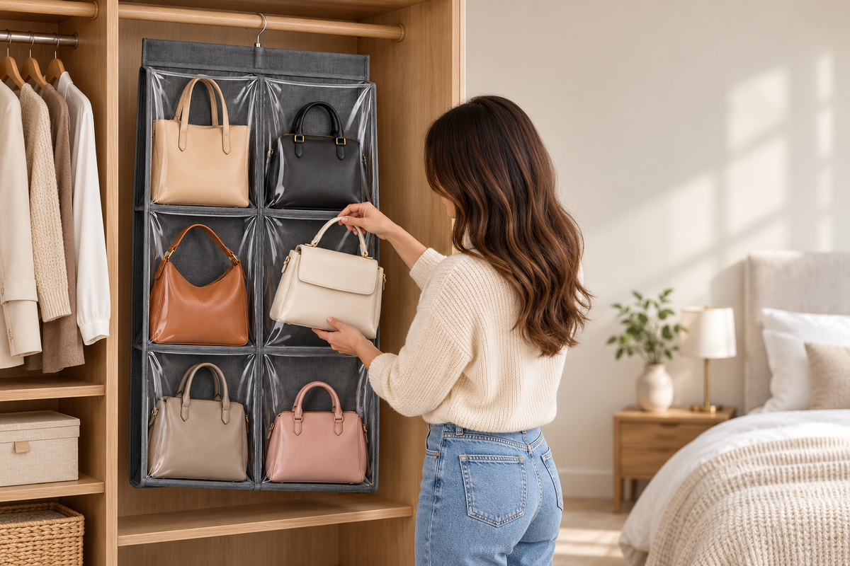 👜 Handbag Organizer | Clear Hanging Storage | Closet & Wardrobe Display | Bag Lovers & Fashionistas | Six-Pocket Space-Saving Design