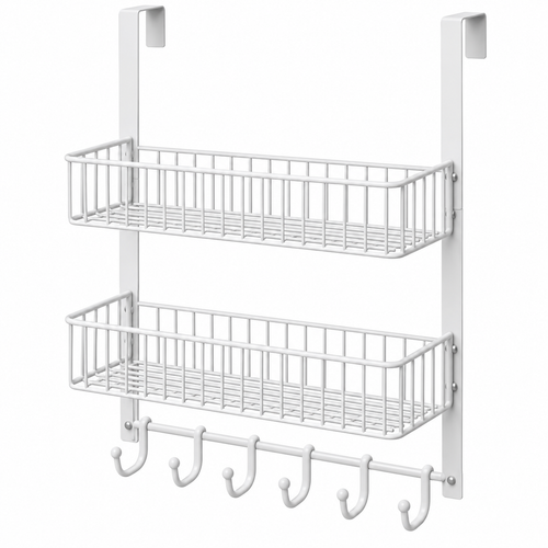 🚪 Door Organizer | Metal Storage Rack | Bathroom & Pantry Storage | Families & Renters | Two-Tier Basket & Hook Design