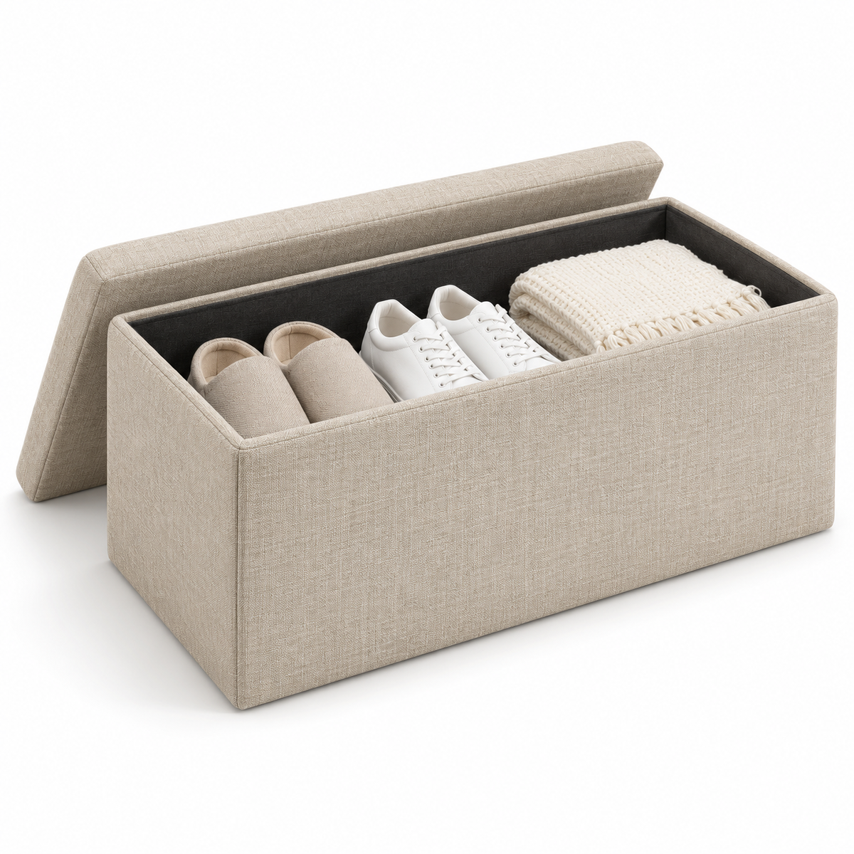 🪑 Storage Ottoman | Linen-Look Foldable Bench | Entryway & Bedroom Seating | Families & New Homeowners | Hidden Spacious Storage